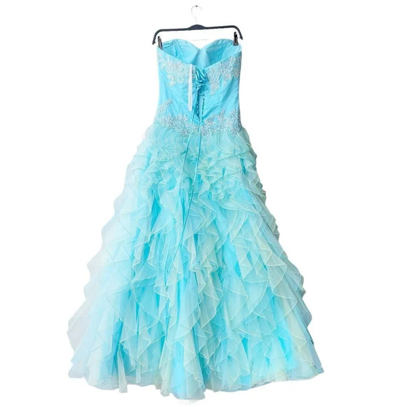 ALYCE DESIGNS Ruffle Sheer Prom Gown Size 8 Aqua Strapless Embellished Cocktail - Picture 4 of 5